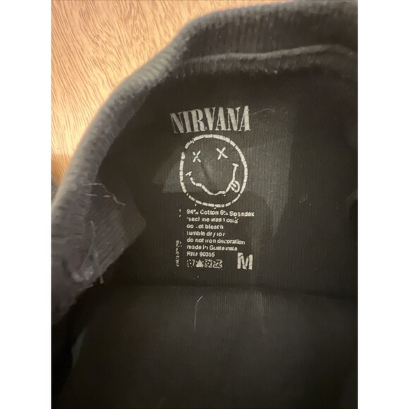 NIRVANA Flower Smiley Face Band Logo Ribbed T-Shirt Sz Juniors Medium Black - Picture 2 of 5